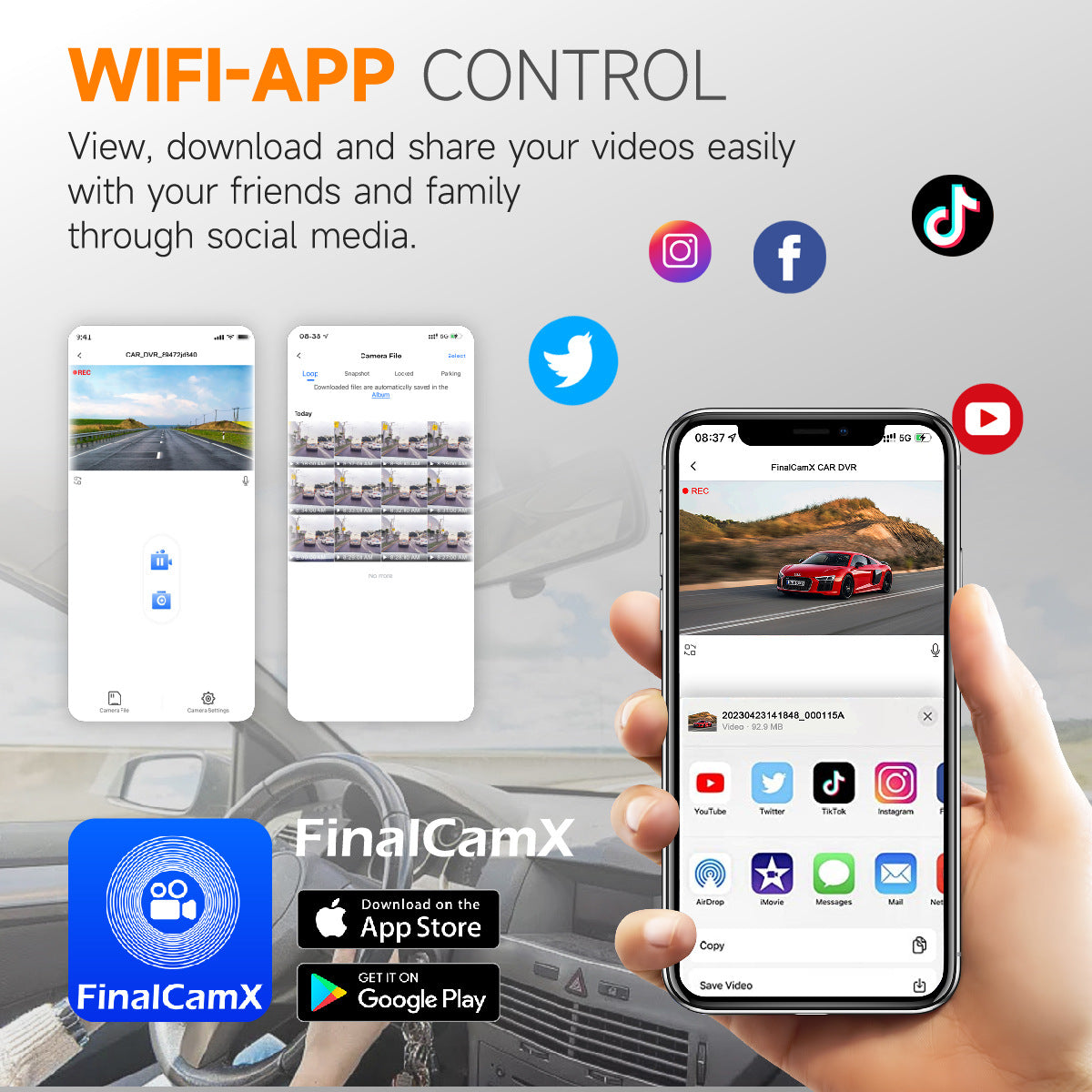 Dual Dash Cam - Front and Rear Recorder with WiFi, GPS, G-sensor for Driving and Parking Surveillance