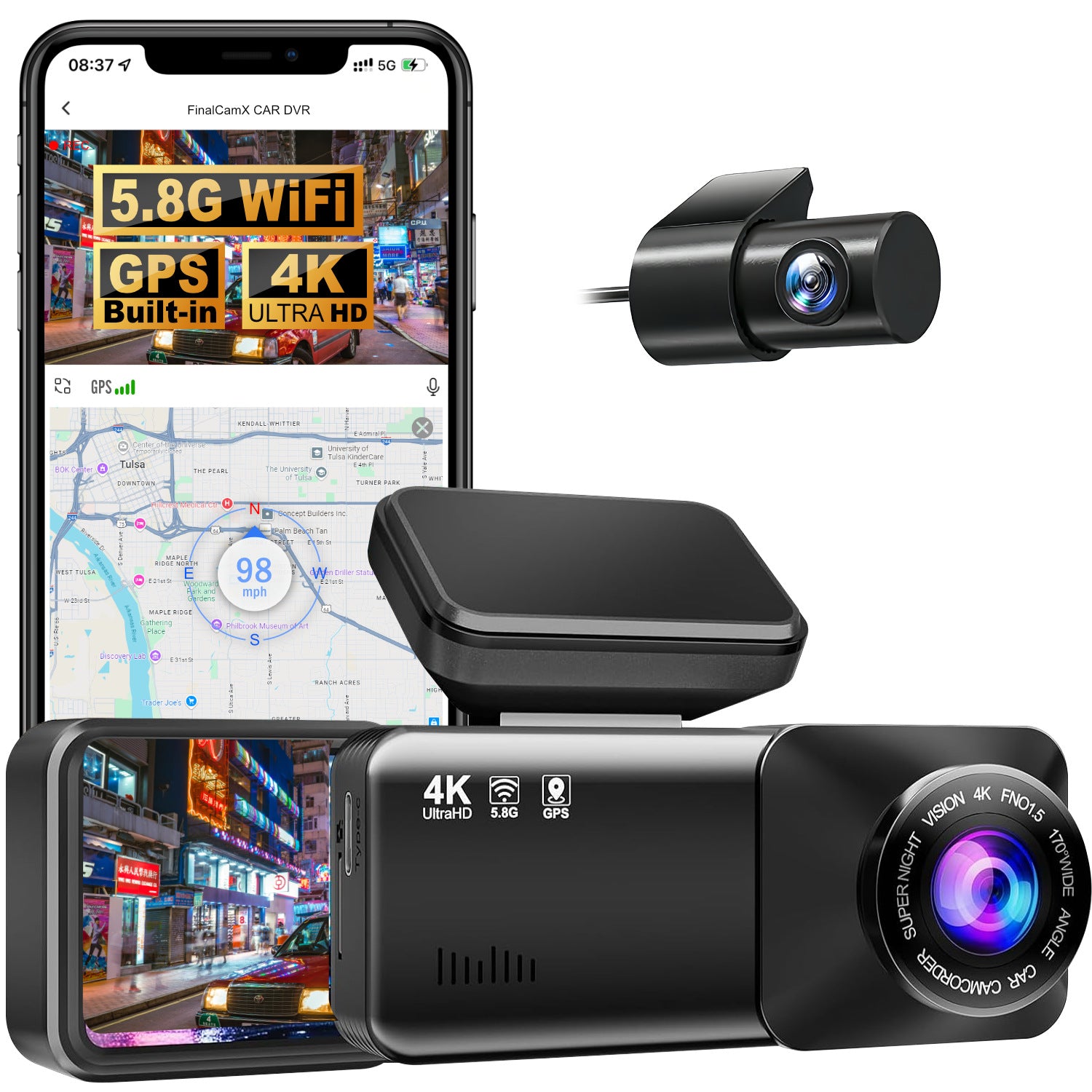 Dual Dash Cam - Front and Rear Recorder with WiFi, GPS, G-sensor for Driving and Parking Surveillance